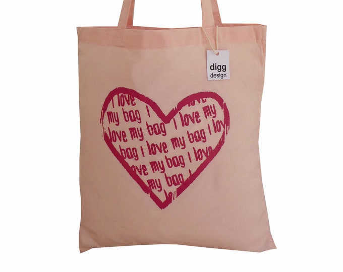 Featured listing image: Cute 'Heart - I love my bag!' cotton Tote Bag. Pastel pink