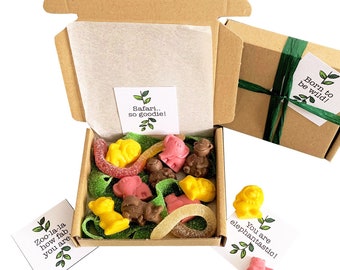 Tiny treats! Little 'Jungle theme' box of wild animal sweets. Personalisable.