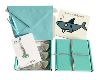 Tiny gifts! BIRTHDAY. Shark charm, birthday card, 3 x chocolates + gift box. Personalisable.