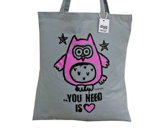 Cute OWL you need is love! Charcoal grey cotton Tote Bag