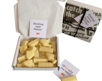 Tiny treats! You're such a catch! Box of chocolate fish & chips! Valentines/birthday/team gift etc. Personalisable.