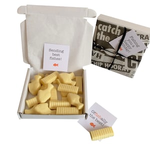 Tiny treats! You&#39;re such a catch! Box of chocolate fish & chips! Birthday/team gift etc. Personalisable.