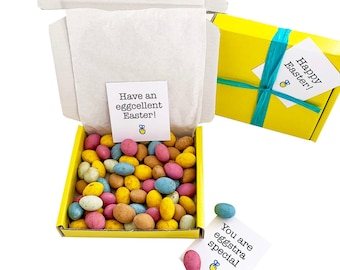 LAST ONE! Tiny treats! Little yellow box of chocolate eggs Ideal Easter gift. Personalisable.