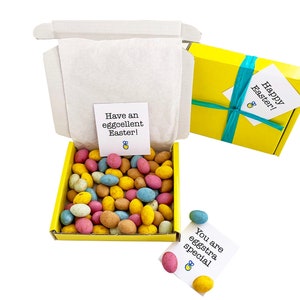 Tiny treats! Little yellow box of chocolate eggs Ideal Easter gift. Personalisable.