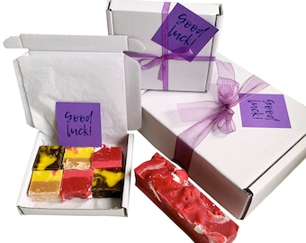 GOOD LUCK gift box with luxury handmade fudge. Various flavour choices/sizes. Personalise.