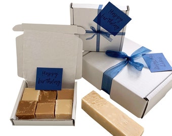 HAPPY BIRTHDAY gift box with luxury handmade fudge. Various flavour choices/sizes. Personalise.