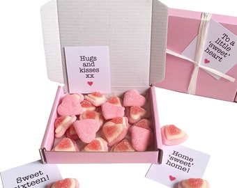 Tiny treats! Little box of strawberry hearts. Ideal pick me/anniversary gift etc. Personalisable.