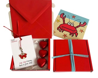 Tiny gifts! BLANK NOTELET. Crab charm, blank card, 3 x chocolates + gift box. Personalisable.