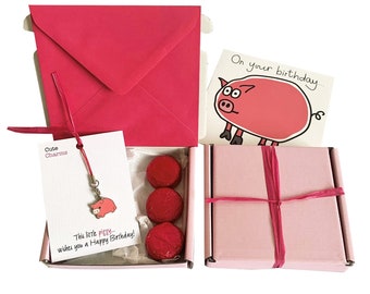 Tiny gifts! BIRTHDAY. Pig charm, birthday card, 3 x chocolates + gift box. Personalisable.