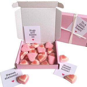 Tiny treats! Little box of strawberry hearts. Ideal pick me/anniversary gift etc. Personalisable.