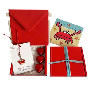Kleine Geschenke! BLANK NOTELETT. Krabbe Charm, Blankokarte, 3 x Pralinen + Geschenkbox. Personalisierbar.