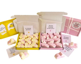 Tiny treats! 2 x Little boxes of Marshmallow Bunnies/Chicks. Personalisable.