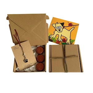 Kleine Geschenke! BLANK NOTELETT. Hunde Charm, Geburtstagskarte, 3 x Pralinen + Geschenkbox. Personalisierbar.