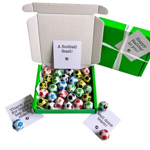 Tiny treats! Little box of chocolate footballs. Ideal birthday/Coach gift etc. VARIOUS colours. Personalisable.
