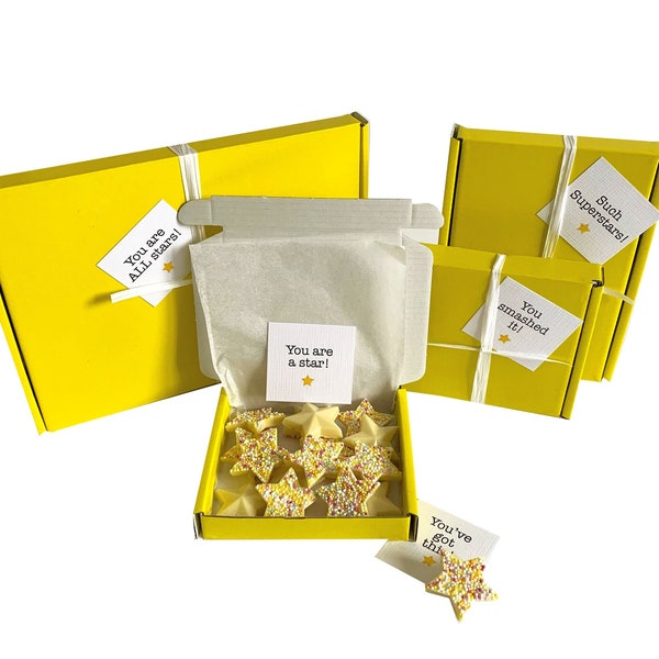 Tiny treats! Little box of Chocolate stars. Ideal 'Well done/thank you/achievement' gift etc. Personalisable. VARIOUS SIZES.