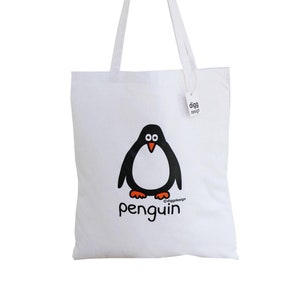 Penguin White cotton Tote Bag. Various designs available. - Ideal gift!