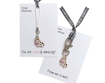 Cute Charms! Cute handmade enamel Cow clasp/phone charm. Various slogans. Ideal thank you/birthday gift