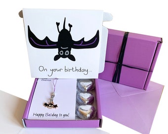 Tiny gifts! BIRTHDAY Bat phone/gaming charm, a Bat theme birthday card,3 x chocolates + gift box. Personalisable.