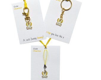 Cute Charms! Cute handmade enamel Bunny Keyring/phone/clasp charm. Various slogans. Ideal EASTER/birthday/love you gift