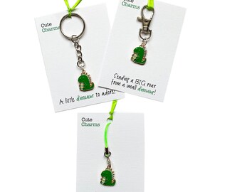 Cute Charms! Cute handmade enamel Green Dinosaur clasp/phone charm. Various slogans. Ideal birthday/grandchild gift