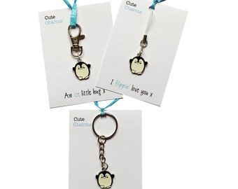 Cute Charms! Cute handmade enamel Penguin Keyring/phone/clasp charm. Various slogans. Ideal partner gift