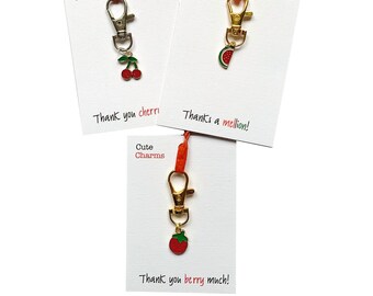 Set of 3 x Cute Charms! Cute handmade enamel Fruit clasp/phone charms. Various slogans. Ideal thank you etc gift