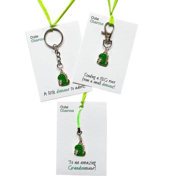 Cute Charms! Cute handmade enamel Green Dinosaur clasp/phone charm. Various slogans. Ideal birthday/grandchild gift