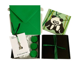 Tiny gifts! BLANK NOTELET. Panda charm, birthday card, 3 x chocolates + gift box. Personalisable.