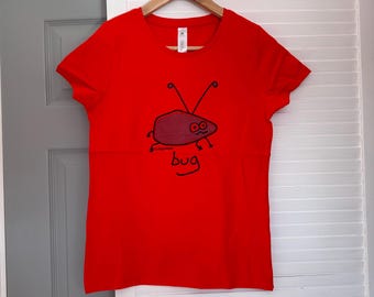 Womens fitted Red BUG Cotton T.shirt.   Sizes 6-16