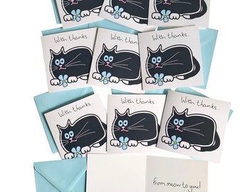 NEW in! Pack of 10 Top quality Cat THANK YOU Cards. Skyblue envelopes.