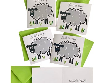 NEW in! Pack of 5 Top quality Sheep THANK YOU Cards. Apple Green envelopes.