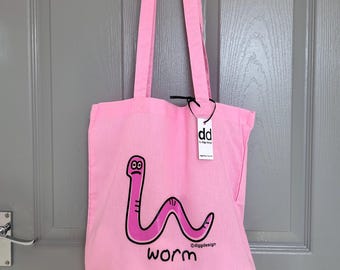 WORM Baby pink cotton Tote Bag. Various designs available.