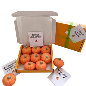 May include: A cardboard box filled with eight orange pumpkin-shaped treats with green stems. A card inside reads Happy Malloween! Another box is tied with green ribbon and a tag reading Treats not tricks! Two additional cards read The sweetest pumpkin in the patch and Too cute to spook!