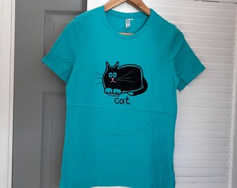 Womens fitted BLACK CAT Aqua Blue  Cotton T.shirt. Sizes 8-16