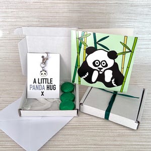 Tiny gifts! BLANK NOTELET gift set. Panda charm/card/chocolates. Personalisable.