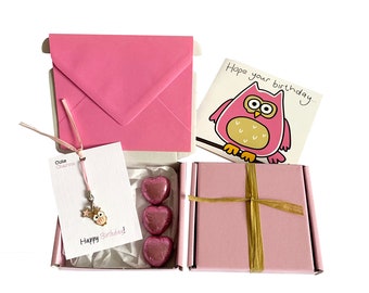 Tiny gifts! BIRTHDAY. Owl charm, birthday card, 3 x chocolates + gift box. Personalisable.