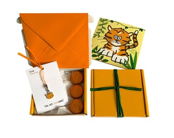Tiny gifts! BLANK NOTELET. Tiger charm, birthday card, 3 x chocolates + gift box. Personalisable.