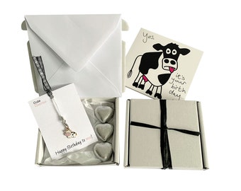 Tiny gifts! BIRTHDAY. Cow charm, birthday card, 3 x chocolates + gift box. Personalisable.