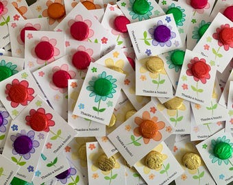 Selection Dots! 'Thank you' flower theme chocolate token cards. Various colours/flavours. Personalise.