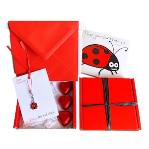 Piccoli regali! COMPLEANNO. Ciondolo coccinella, biglietto di compleanno, 3 cioccolatini + scatola regalo. Personalizzabile.