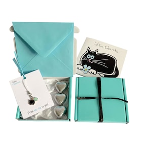 Tiny gifts! THANK YOU. Black Cat charm, birthday card, 3 x chocolates + gift box. Personalisable.