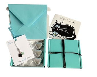 Tiny gifts! THANK YOU. Black Cat charm, birthday card, 3 x chocolates + gift box. Personalisable.