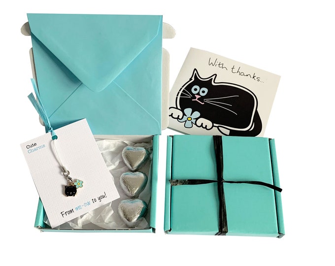 Featured listing image: Tiny gifts! THANK YOU. Black Cat charm, birthday card, 3 x chocolates + gift box. Personalisable.