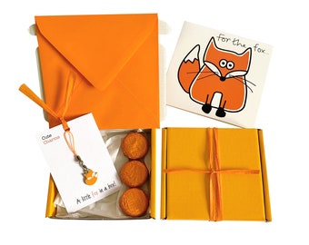 Tiny gifts! BIRTHDAY. Fox charm, birthday card, 3 x chocolates + gift box. Personalisable.