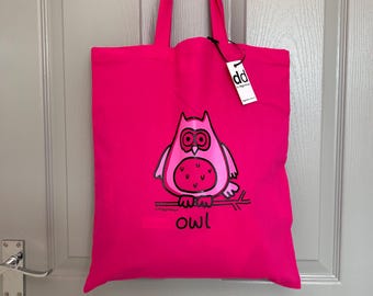 OWL hot pink cotton shopper/large gift bag. Various designs available.