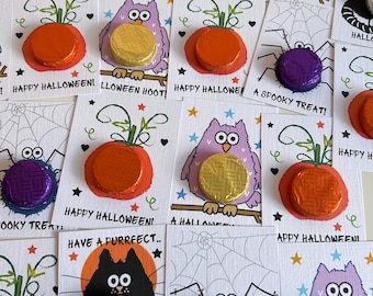 HALLOWEEN character chocolate token cards. Various colours/flavours. Personalise. Multi buy discount.