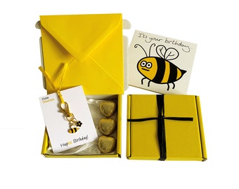 Tiny gifts! BIRTHDAY. Bee charm, birthday card, 3 x chocolates + gift box. Personalisable.