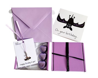 Tiny gifts! BIRTHDAY. Bat charm, birthday card, 3 x chocolates + gift box. Personalisable.