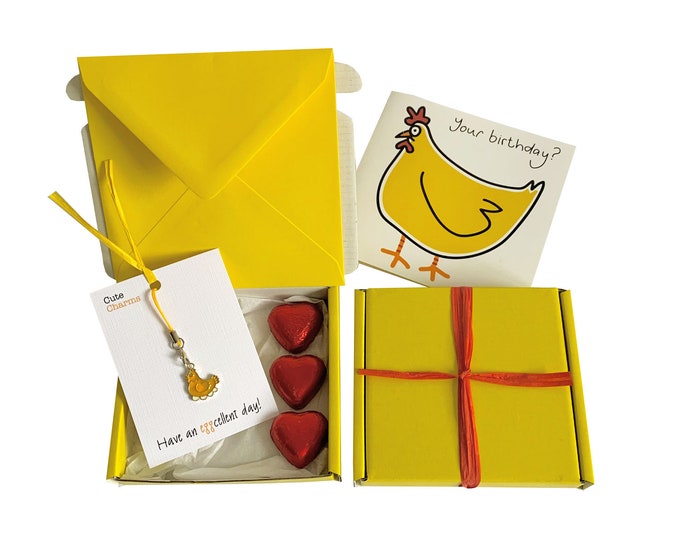 Featured listing image: Tiny gifts! BIRTHDAY. Hen charm, birthday card, 3 x chocolates + gift box. Personalisable.