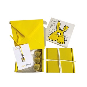 Tiny gifts! BIRTHDAY. Bunny charm, birthday card, 3 x chocolates + gift box. Personalisable.